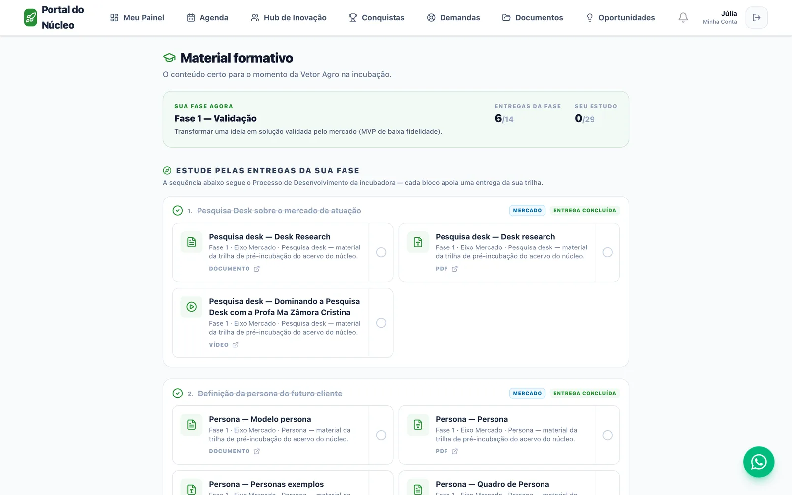 Tela do sistema: Material formativo pela trilha (dados de demonstração)